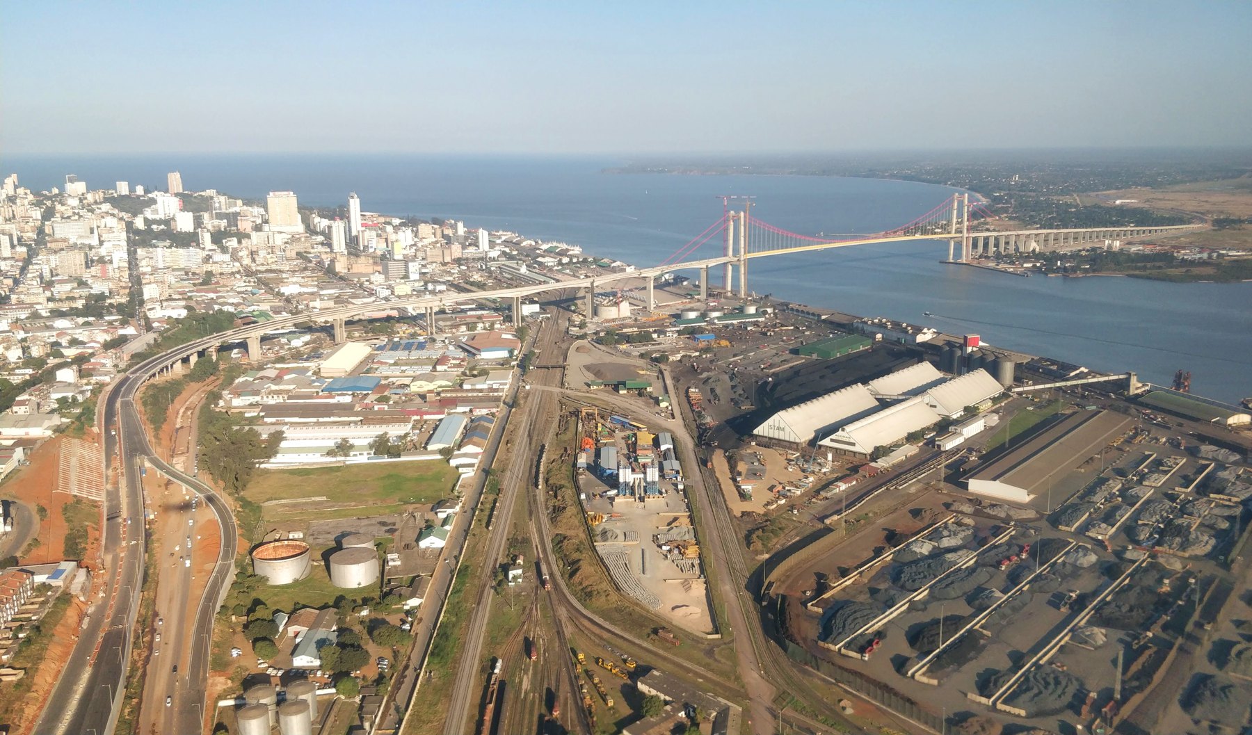 Aerial view of the Maputo–Katembe bridge crossing Maputo Bay